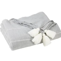 Plaid effet laine gris à pompons blancs