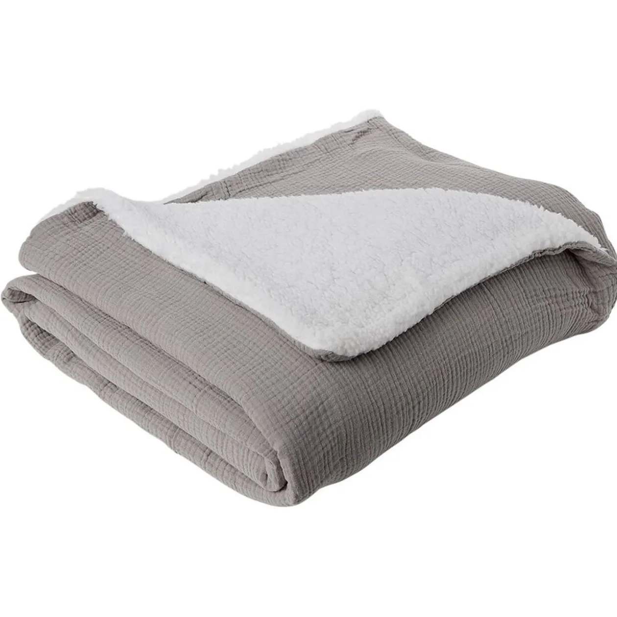 Plaid gaze de coton et sherpa 130x160cm gris