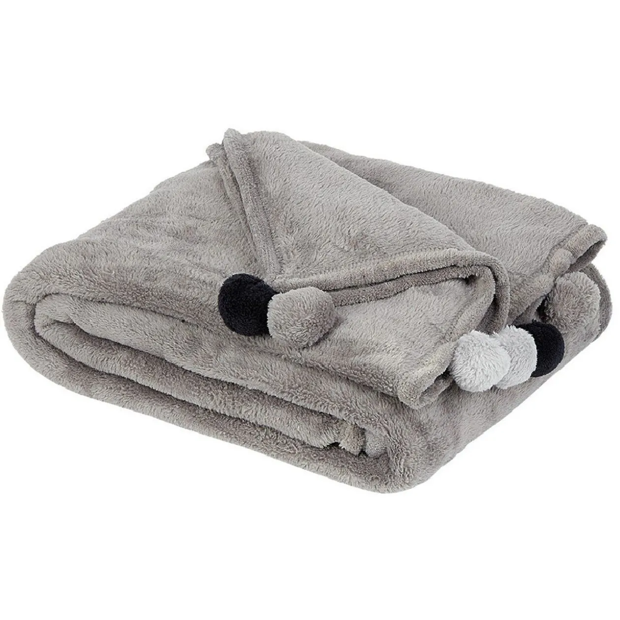 Plaid gris à pompons colorés 130 x 160 cm