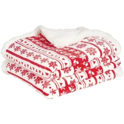 Plaid imprimé flocon Noël rouge blanc dos sherpa 120x150cm