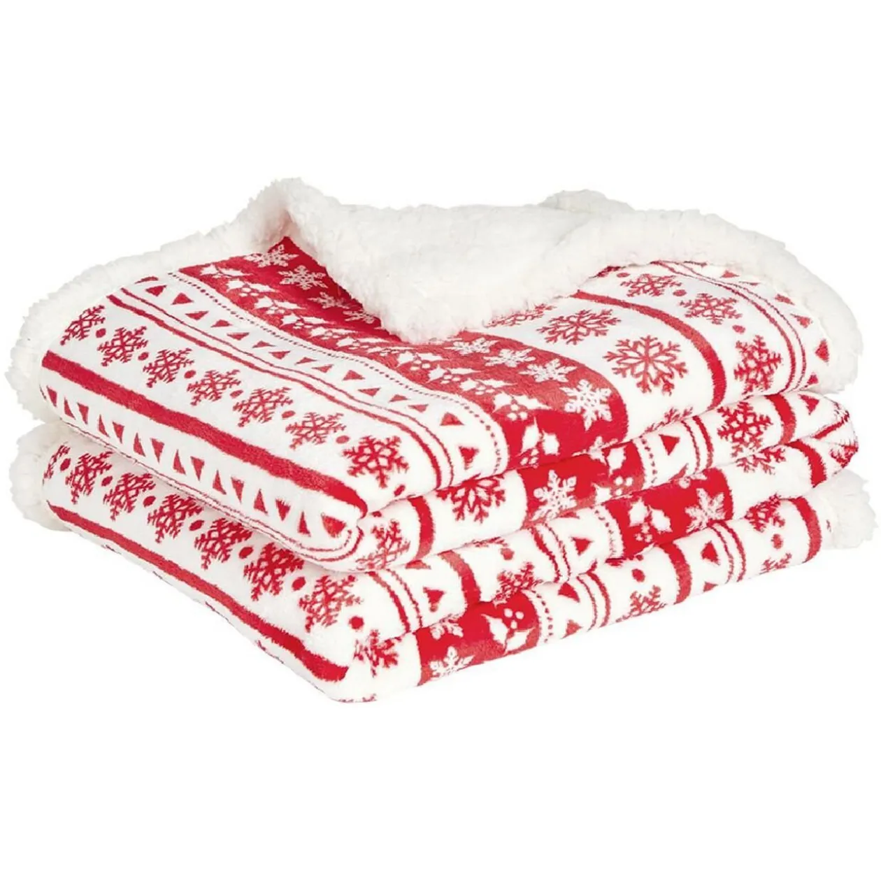 Plaid imprimé flocon Noël rouge blanc dos sherpa 120x150cm