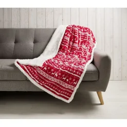 Plaid imprimé renne Noël rouge blanc dos sherpa 120x150cm
