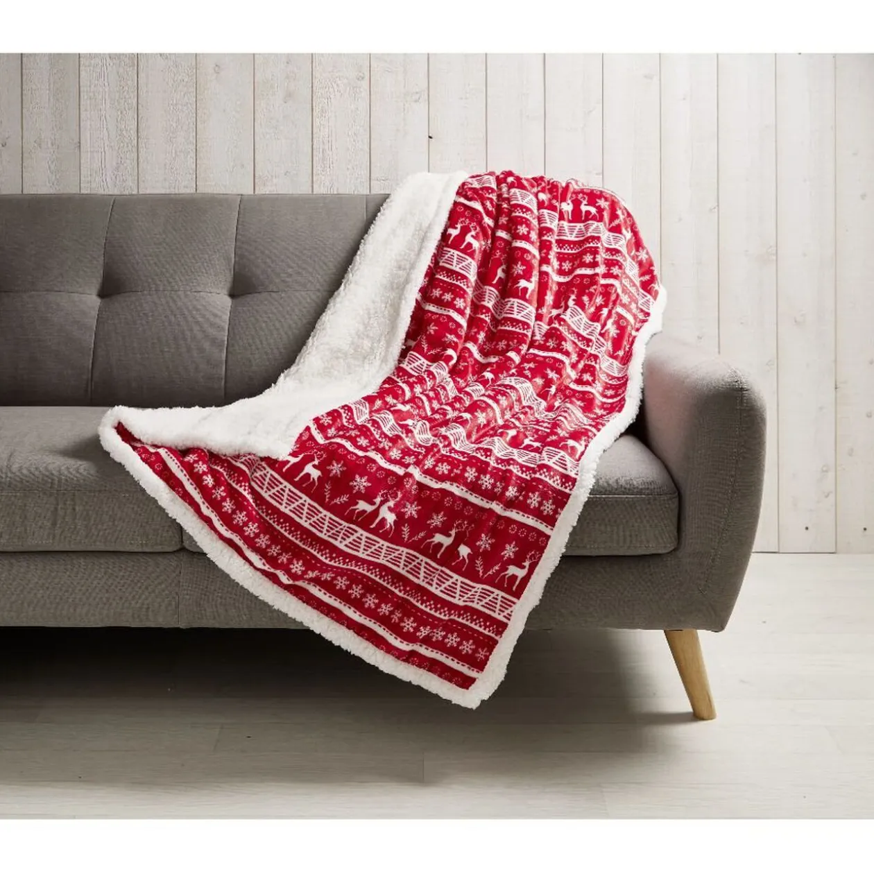 Plaid imprimé renne Noël rouge blanc dos sherpa 120x150cm