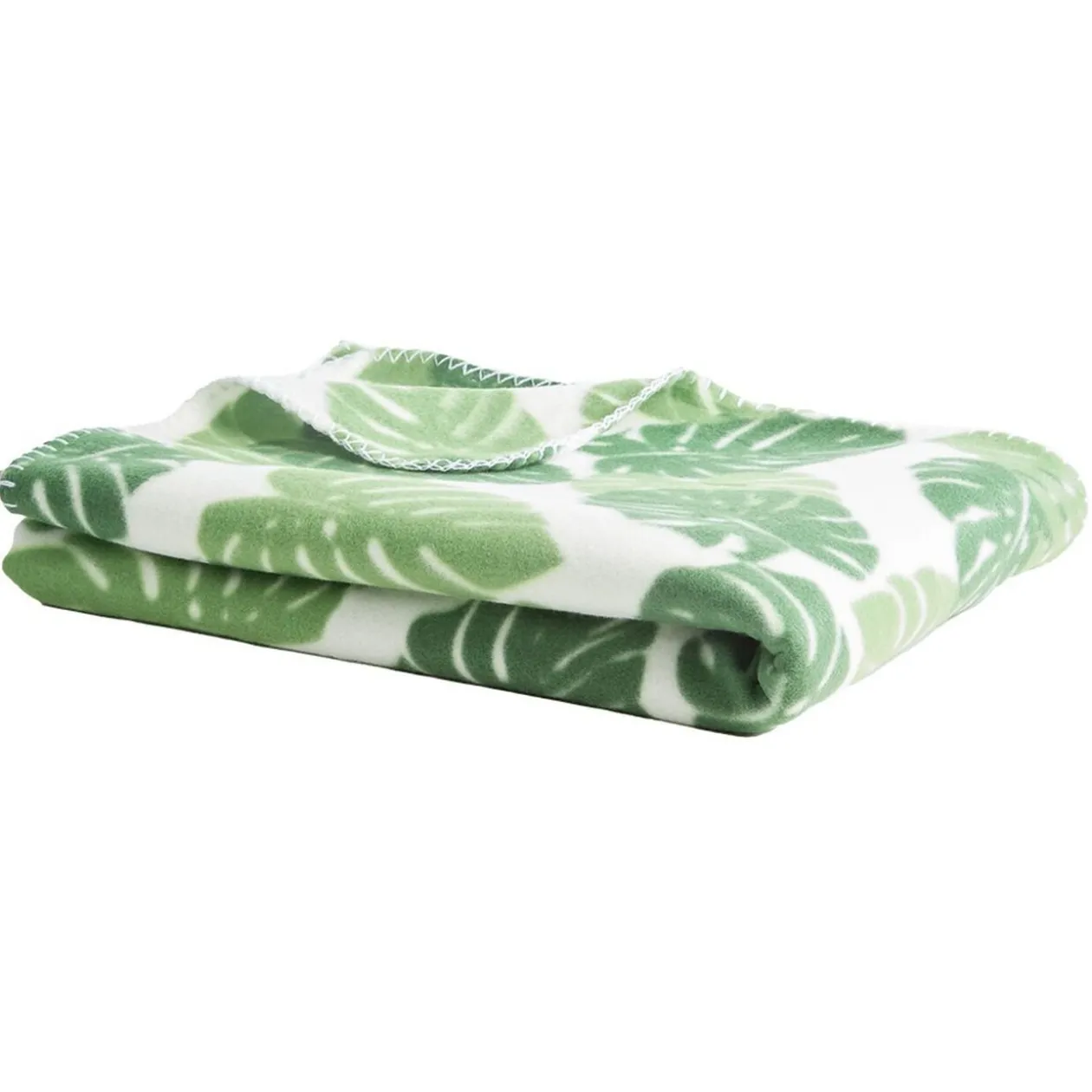 Plaid polaire à motif feuillage vert blanc