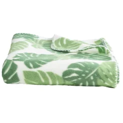 Plaid polaire à motif feuillage vert blanc