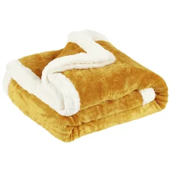 Plaid polaire réversible imitation fourrure jaune moutarde et blanc