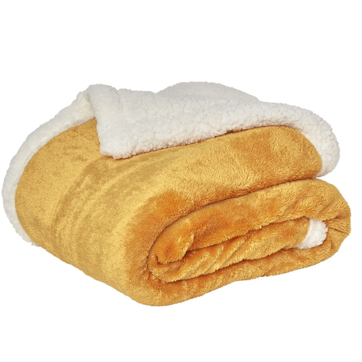 Plaid polaire réversible imitation fourrure jaune moutarde et blanc