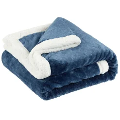 Plaid polaire réversible imitation fourrure bleu et blanc