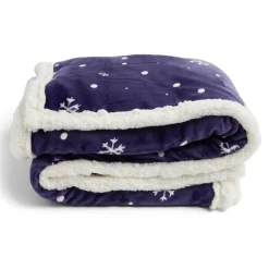 Plaid sherpa Noël flanelle motif flocon bleu et blanc 120x150cm