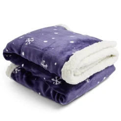 Plaid sherpa Noël flanelle motif flocon bleu et blanc 120x150cm