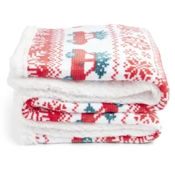 Plaid sherpa Noël motif traditionnel voiture rouge et blanc 120x150cm