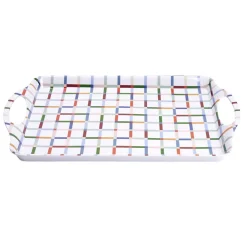 Plateau rectangulaire blanc motifs carreaux multicolores 34x50,5cm