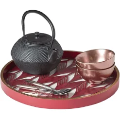 Plateau rond inspiration orientale en métal et bois rouge ou gris