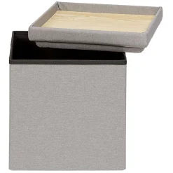 Pouf coffre gris avec plateau en bois