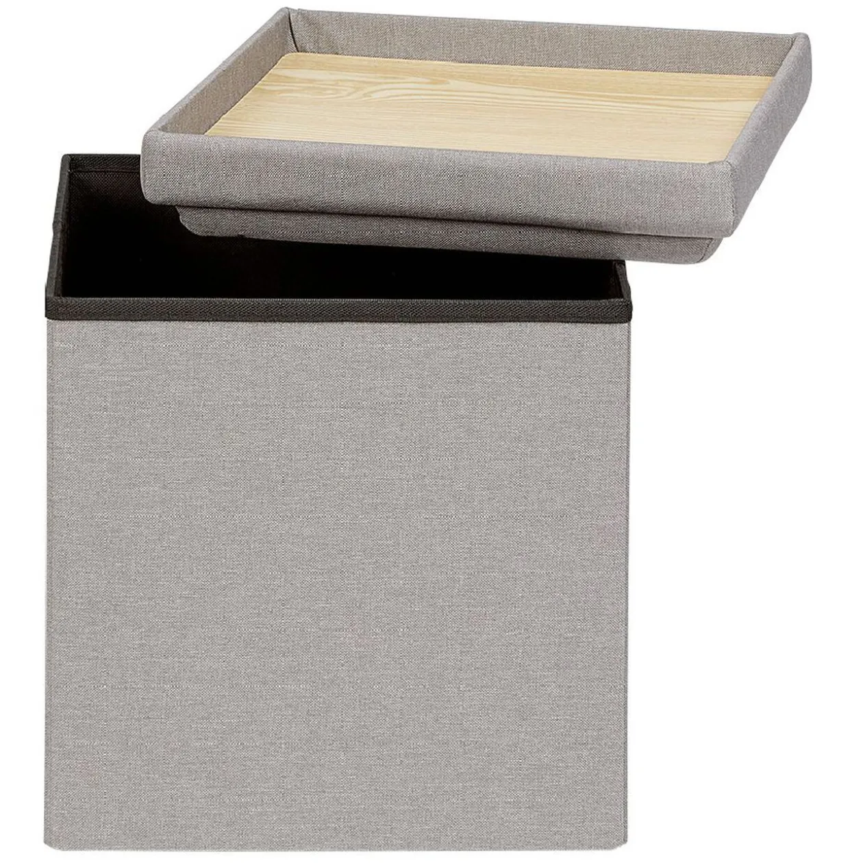 Pouf coffre gris avec plateau en bois
