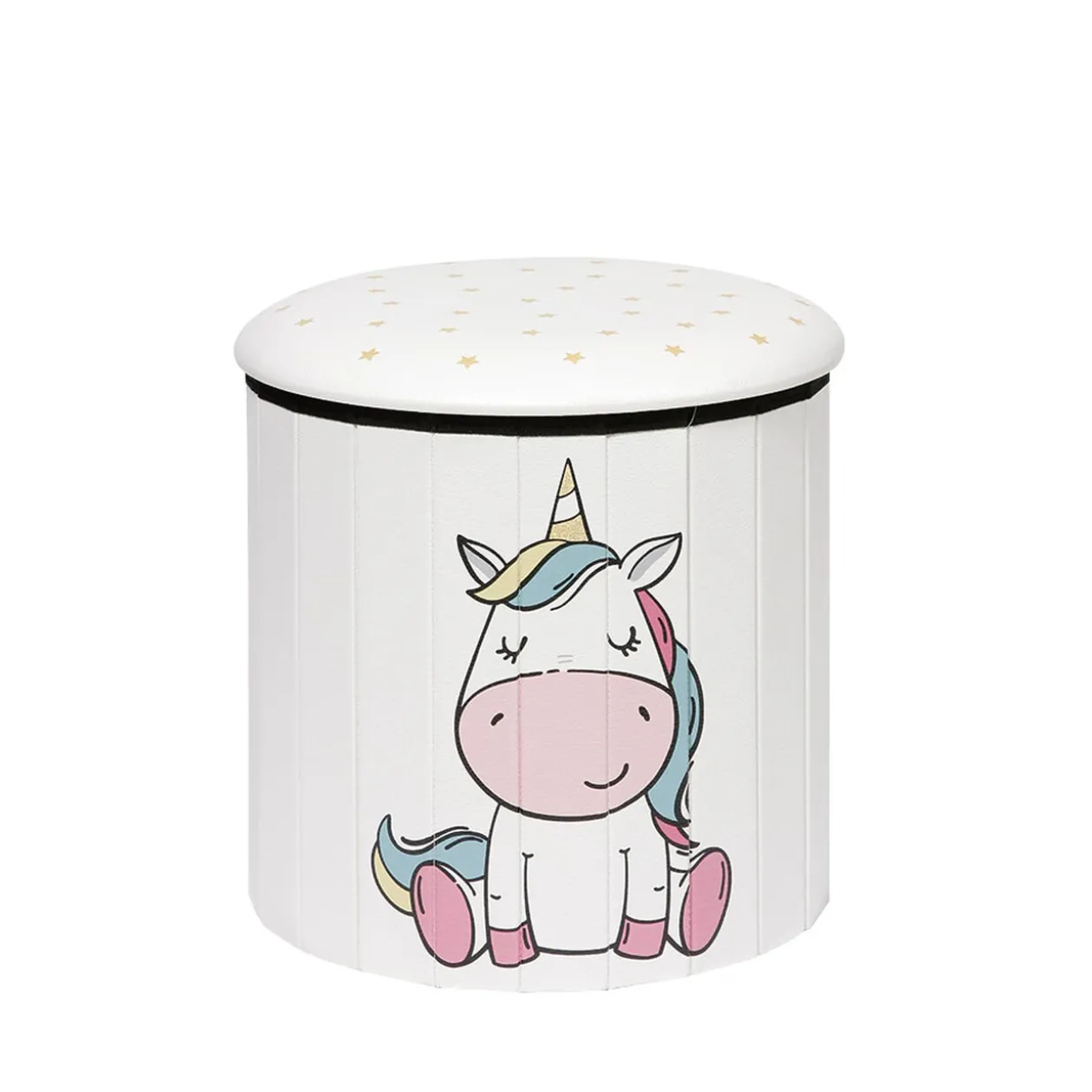 Pouf coffre pliant enfant Simone motif licorne multicolore et blanc