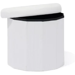 Pouf coffre rond pliable velours côtelé blanc Ø40xH36 cm