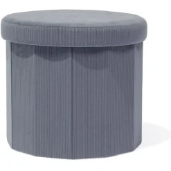 Pouf coffre rond pliable velours côtelé gris Ø40xH36 cm