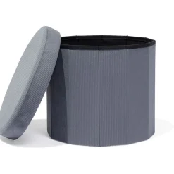 Pouf coffre rond pliable velours côtelé gris Ø40xH36 cm