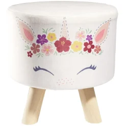 Pouf enfant motif licorne fleur blanc et rose Ø30xH30cm