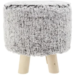 Pouf pieds bois imitation fourrure gris