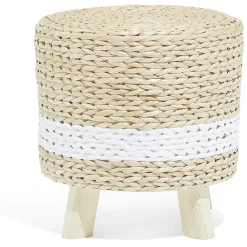 Pouf sur pieds Thais jacinthe d'eau tressée naturel et blanc