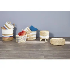 Pouf sur pieds Thais jacinthe d'eau tressée naturel et blanc