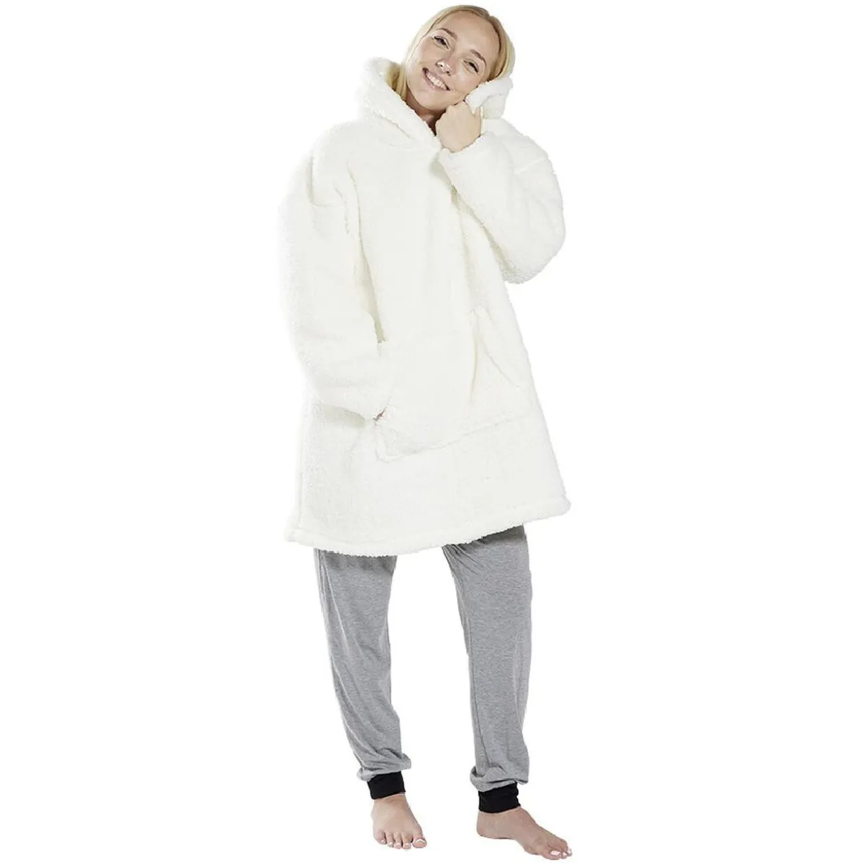 Pull plaid adulte polaire à capuche - beige ou blanc