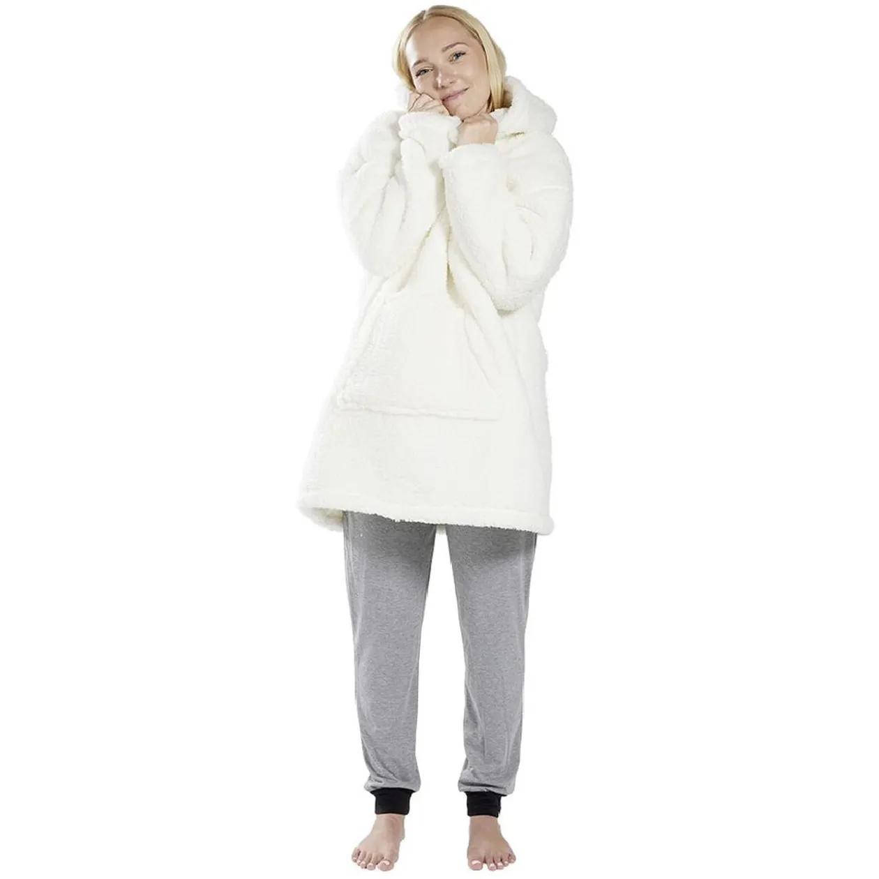 Pull plaid adulte polaire à capuche - beige ou blanc