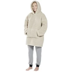 Pull plaid adulte polaire à capuche - beige ou blanc