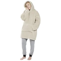 Pull plaid adulte polaire à capuche - beige ou blanc