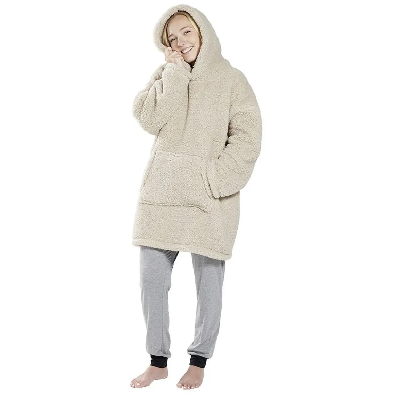 Pull plaid adulte polaire à capuche - beige ou blanc