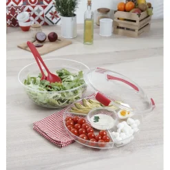 Saladier fraîcheur multicompartiments transparent et rouge