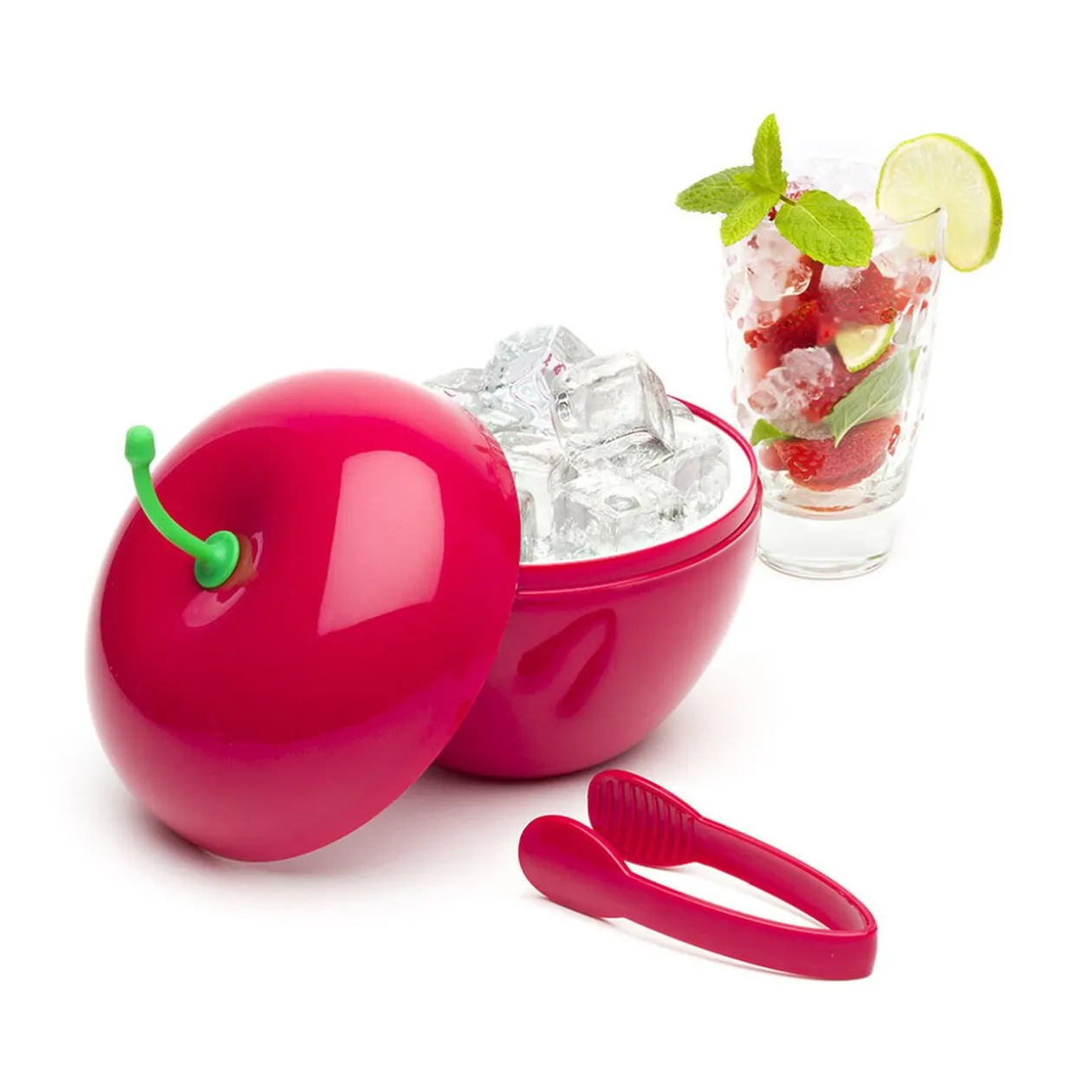 Seau à glacons forme cerise rouge avec pince