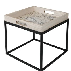 Selette plateau bois ajouré sculpté feuillage tropical grand modèle