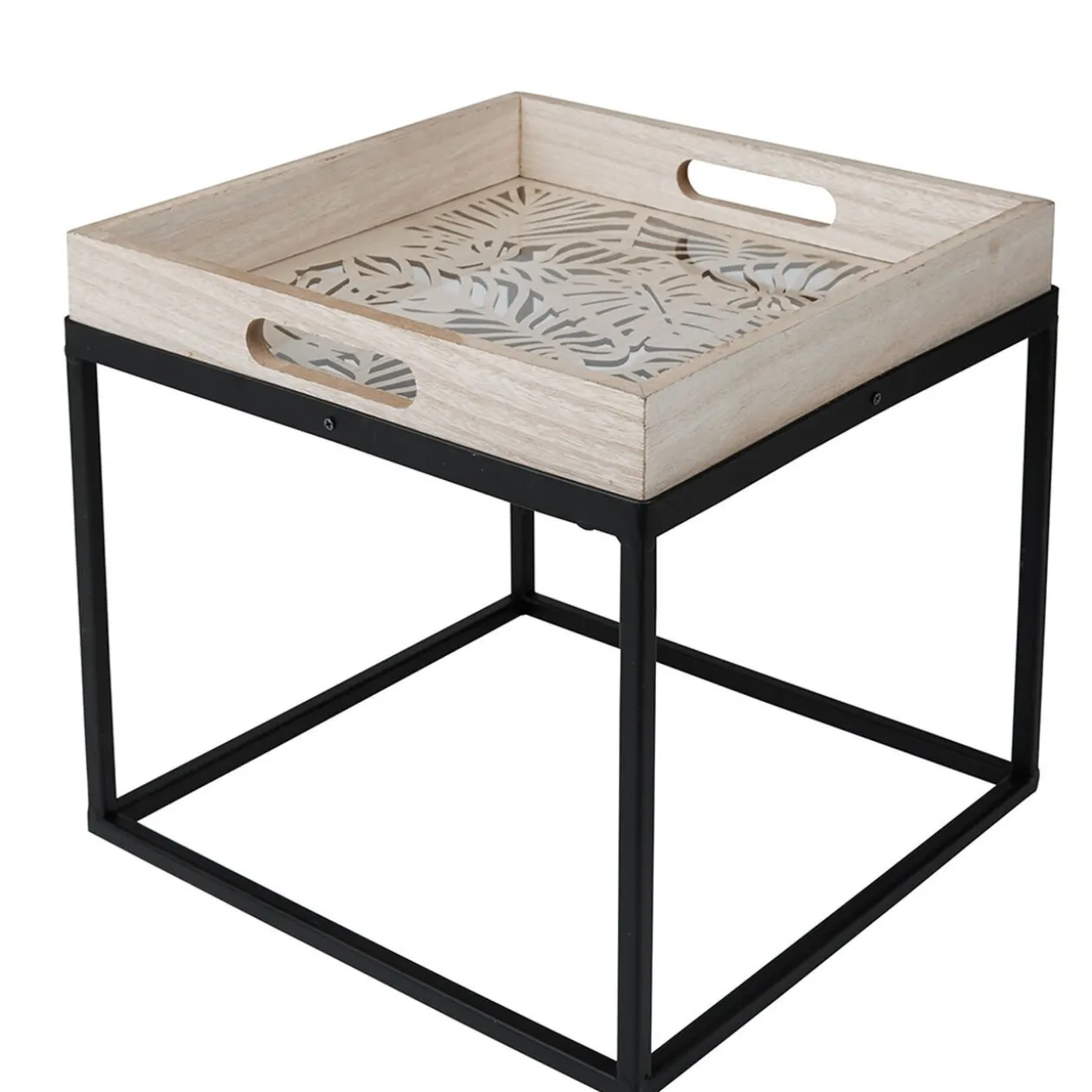 Selette plateau bois ajouré sculpté feuillage tropical grand modèle