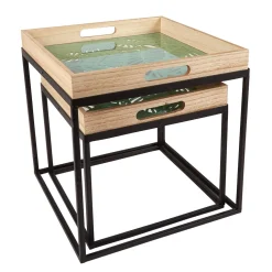 Selette plateau bois ajouré sculpté feuillage tropical grand modèle