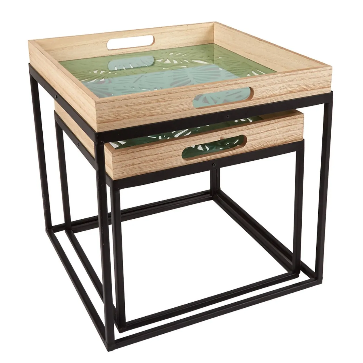 Selette plateau bois ajouré sculpté feuillage tropical grand modèle