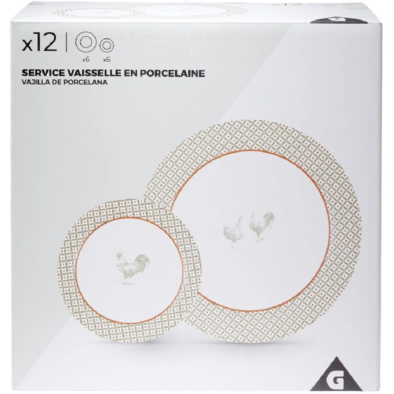 Service à vaisselle design campagne poule 12 pièces gris blanc rouge