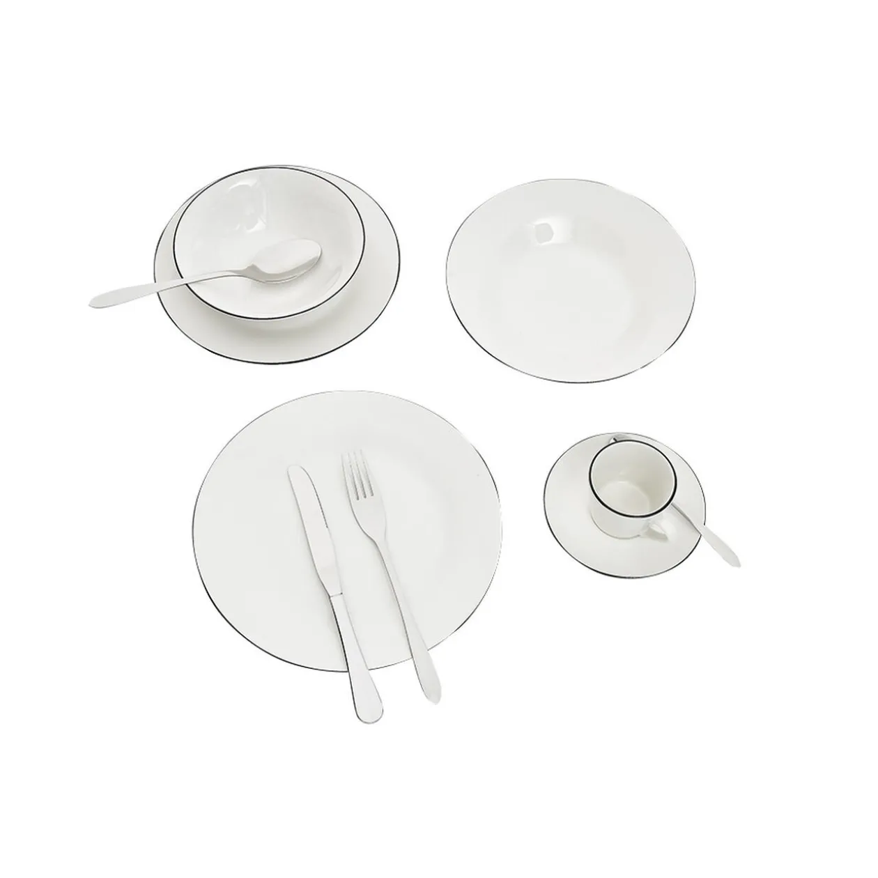 Service à vaisselle porcelaine blanc liseré noir 36 pièces