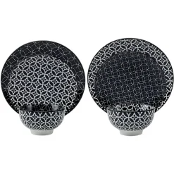 Service vaisselle en porcelaine 18 pièces motif graphique noir et blanc