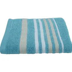 Serviette de toilette turquoise design ligne blanc et beige