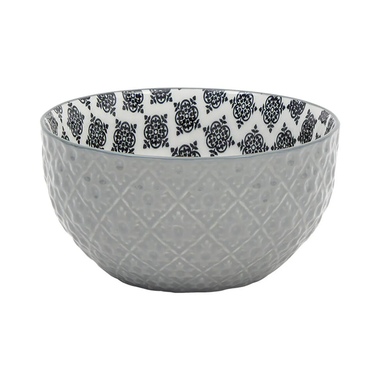 Set 4 bols décor ethnique noir et blanc et support en bambou