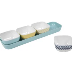 Support à apéritifs avec 4 coupelles déco jaune bleu