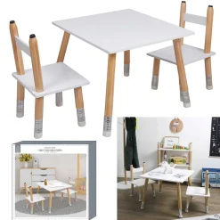 Table avec chaise x2 bois pieds forme crayon naturel et blanc 34x30xH51cm