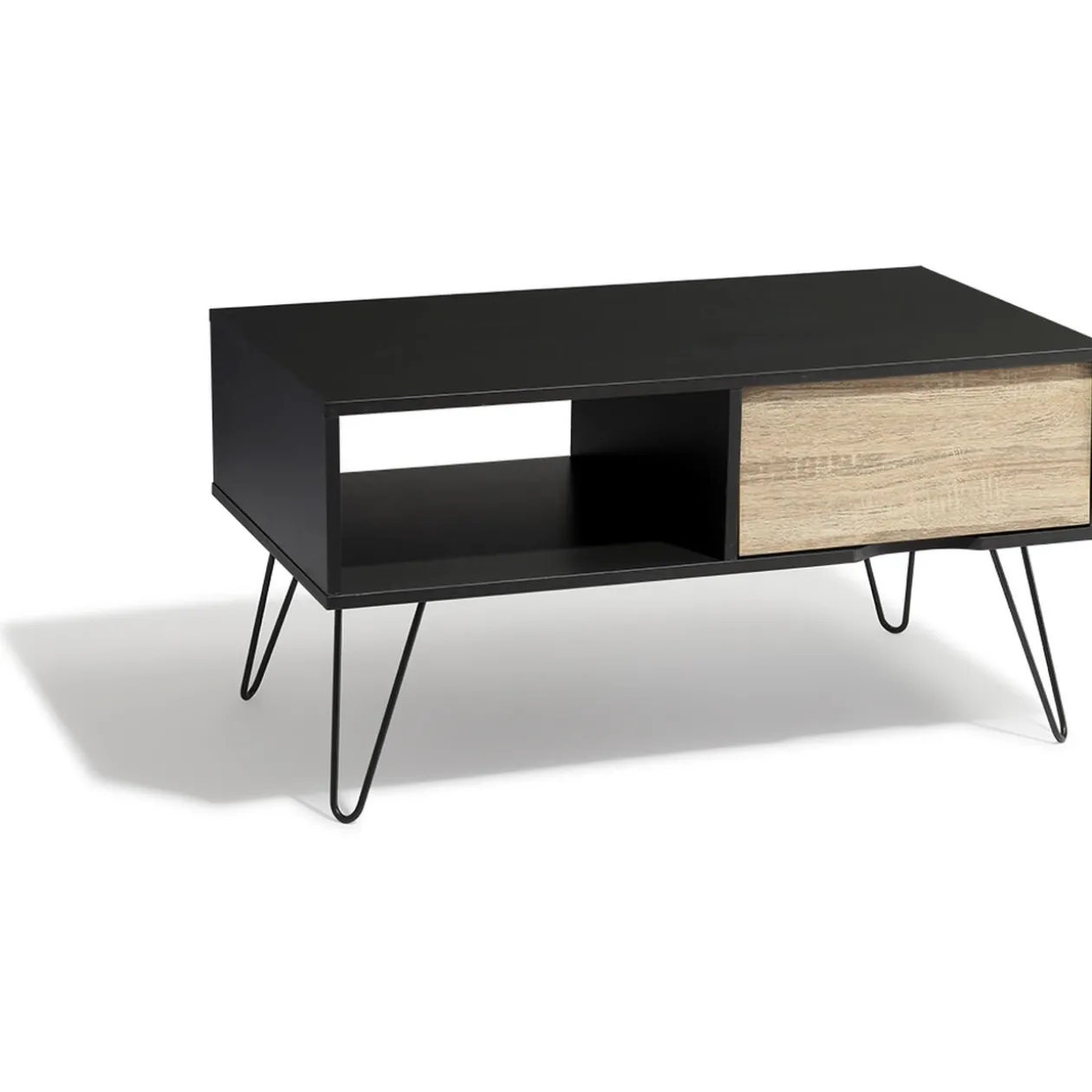 Table basse Stanislas noire et naturelle 1 tiroir et 1 niche