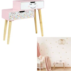 Table de chevet Liberty bois imprimé floral bleu et rose 55x22xH50cm