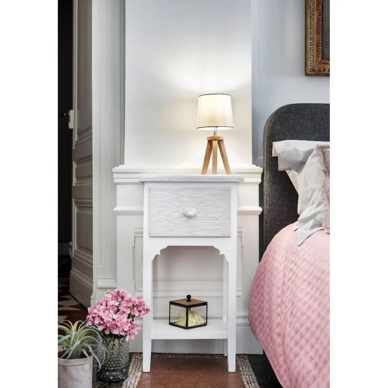 Table de chevet Venise blanche 1 tiroir et 1 étagère