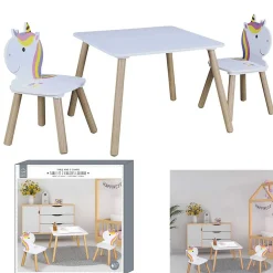 Table Lily avec chaise licorne x2 bois blanc et naturel 55x55xH43cm