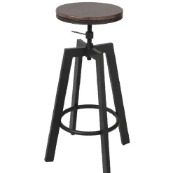 Tabouret rotatif rond industriel bois foncé et métal